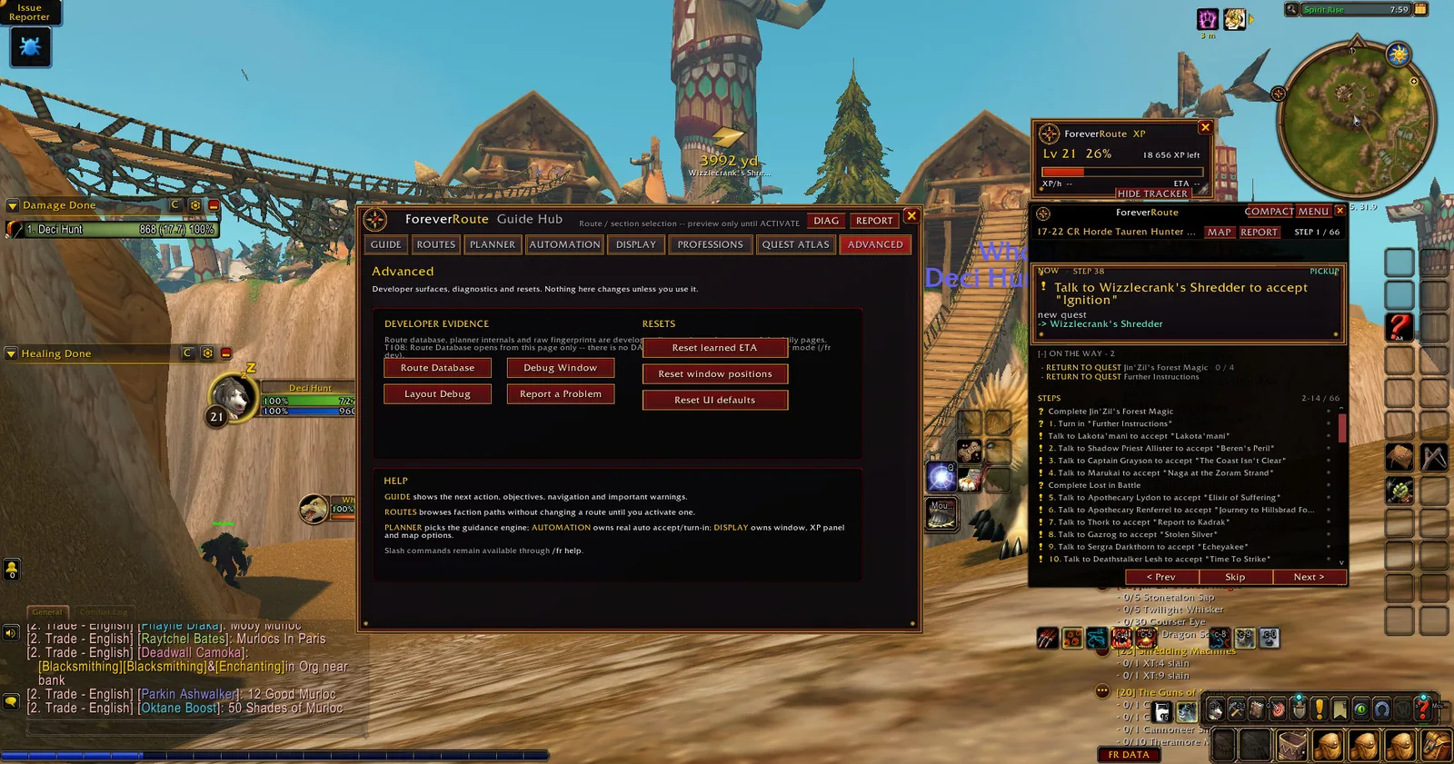 Real WoW Forever gameplay screenshot showing ForeverRoute Advanced Settings